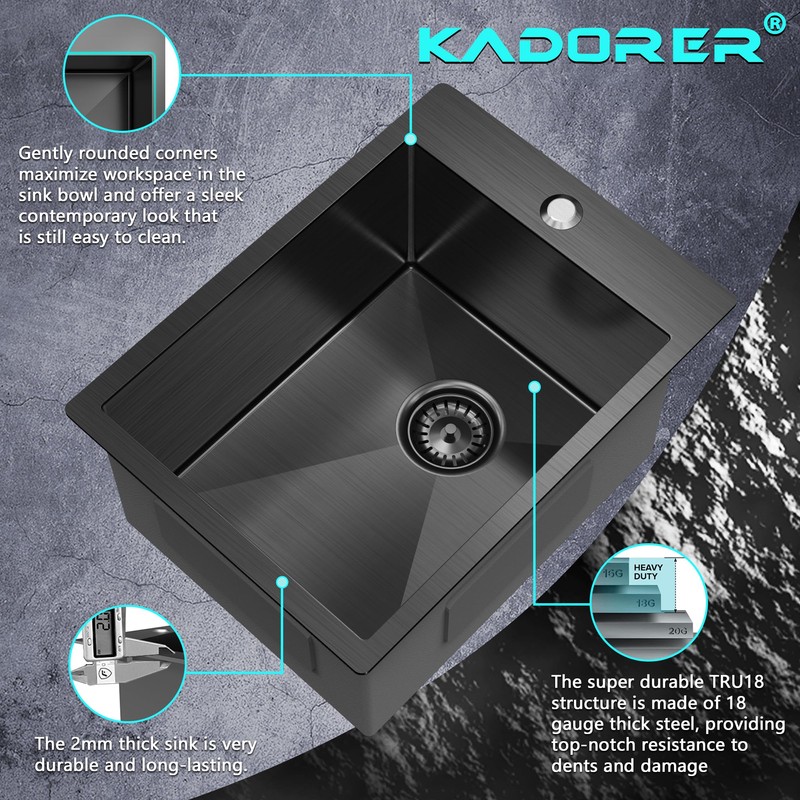 15 x 20 Inch Black Drop In Kitchen Bar Sink,
