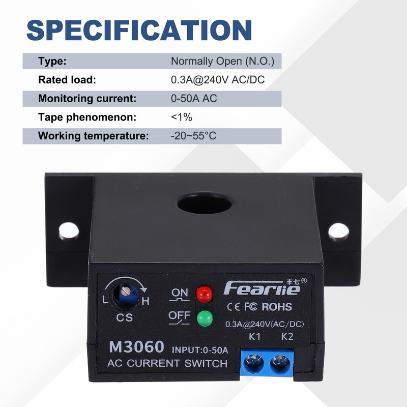 MECCANIXITY Miniature Current Switch 0-50A Normally Open AC Current Sensing