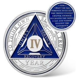 Recovery Triangle 4 Year Sobriety Coin - Silver Roman Numeral NA AA Coins - 1-40 Prime NA/HA/AA Chips and Medallions - Narcotics Alcoholics Anonymous Sober Gifts for Men Women