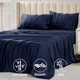 Vipfree King Sheet Set, 100% Rayon Derived from Bamboo, 4-Piece, 16 Inch Deep Pockets, Cooling Sheets for King Size Bed Set, Breathable & Silky Soft, Hotel Bedding Sheets & Pillowcases, Navy Blue