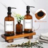Kitchen Soap Dispenser Set with Wood Riser Tray, Amber Glass
