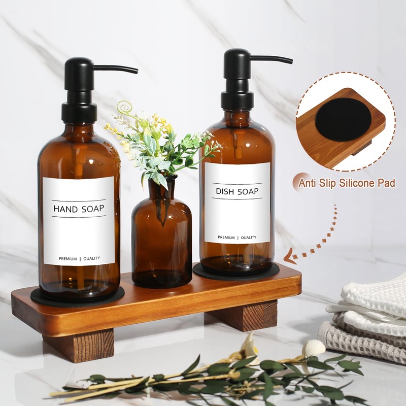 Kitchen Soap Dispenser Set with Wood Riser Tray, Amber Glass