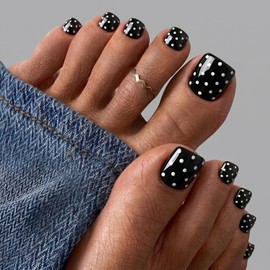 Polka Dot Press On Toenail Short Square Fake Toenails Black White Polka Dot False Toenail Reusable Acrylic Toe Nails Press Ons Glossy Full Cover Glue On Toenails For Women Manicure 24Pcs