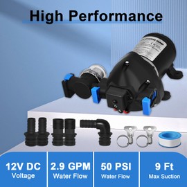 03526-144A 12V RV Water Pump Water System Pump, 2.9 GPM, 50 PSI Triplex Diaphragm Pump 12 VOLTS DC Boat and RV Water Pump, Self Priming Smooth Silent Operation