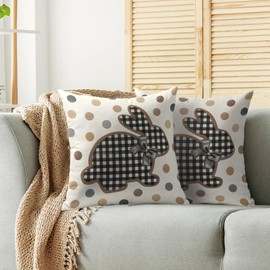 Smozenith Easter Pillow Covers 18X18 Set of 2, Brown Grey Plaid Bow Bunny Rabbit Dots Decorative Throw Pillow Covers Outdoor Farmhouse Holiday Decorations Cushion Cases Couch Sofa Bed Decor