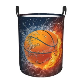 Gbuzozie Sport Basketball Ball In Fire And Water Round Laundry Hamper Storage Basket Toys Clothes Organizer Bin For Home Bathroom Bedroom Dorm Nursery, 62l