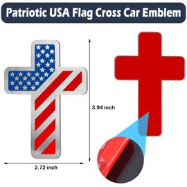 304 Stainless Steel Christian Cross Car Emblem, 3D Patriotic USA Flag Badge Cross Decal with Strong Self Adhesive Rustproof Decal for Vehicle, Truck, RV, Scooter, SUV, Fender, Home Décor (Original)
