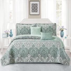 Home Soft Things 5 Piece Kingston Damask Printed Microfiber Quilts Bedding Set Oversize Queen 90" x 90", Bluish Green Floral Medallion, Soft Warm Prewashed Durable Bedspread Coverlet Set