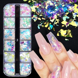 Mesiyun Nail Art Mermaid Flake Sequins 3D Acrylic Holographic Chunky Laser Decals Ultra Thin Iridescent Glass Paper Sticker Manicure Decoration 12 Grids