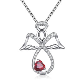 JiaYang Sterling Silver Infinity Angel Necklace Heart July Ruby Guardian Angel Pendant Jewelry Gifts for Her