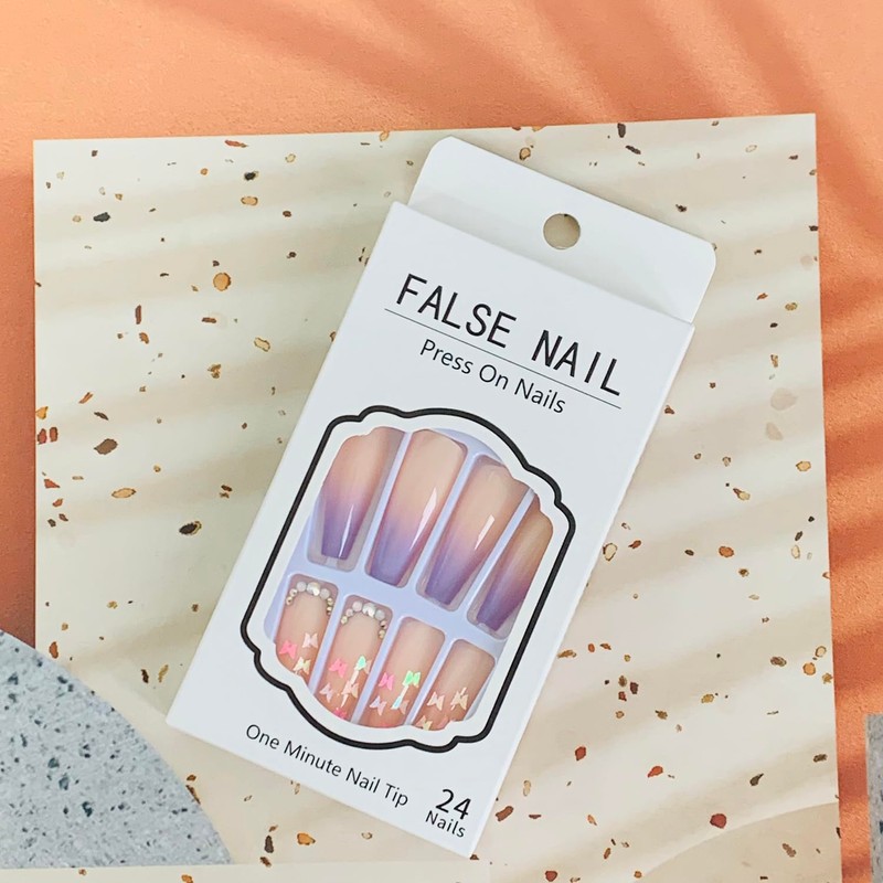 24Pcs Glossy Purple Press on Nails Square Long Full Cover