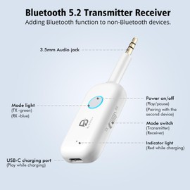 Bluetooth 5.2 Audio Transmitter Receiver for TV to 2 Headphones, ByDiffer Wireless Dual Link 3.5mm Jack AptX Low Latency Aux Bluetooth Adapter for Car, Airplane, Gym, PC (White)