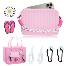 Silicone Phone Holder for Bogg Beach Bag Accessories, Daisy Slipper Charms, Organizer Wallet Pouch with Zipper, 4pcs Hooks Clips Set (Pink)