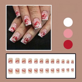 Valentines Press On Nails Short Square Red Heart Fake Nails Pink Heart Nails Press ons White French Tips Full Cover Acrylic Nails Glue on Nails Stick on Nails False Nails for Women Girls 24 Pcs