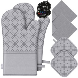 Oven Mitts and Pot Holders Set with Dishcloths, 500 Degree Heat Resistant Oven Gloves and Hot Pads, Premium Soft Cotton Kitchen Mittens and Dish Cloth Sets-Grey
