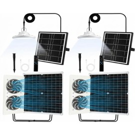 Grinsvalley 4 Set Solar Fan for Chicken Coop with Shed Light, 25W Panel Dual Exhaust Vent Kit, Waterproof 12V Solar Powered Ventilation System with Timer for Greenhouse, Pet House