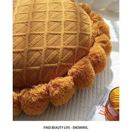 Adory Sweety Knitted Throw Pillow Round Couch Pillow Sofa Cute Cushion Handmade Pompoms Decorative Plush Pillow (Yellow, Diameter 20inches)
