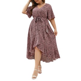 Keluummi Plus Size Summer Wedding Guest Maxi Dress for Curvy Women, V Neck 3/4 Sleeve Empire Waist A Line Floral Long Dress (16 Plus, 06 - Pink Leopard)