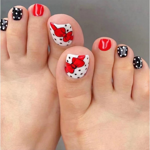 Aularso Short Press on Toenails Red Butterfly Fake Toenails Square