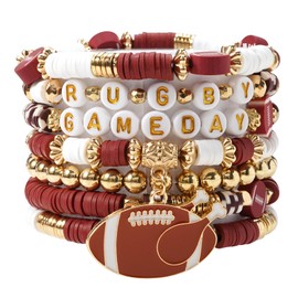 Ardorchid Rugby Bracelets for Women Stretchy Rope Football Beaded Bracelets Sport Brown Clay Letter Rugby Game Day Heishi Bracelet Jewelry 7PCS