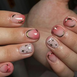 Short Press on Nails Square Fake Nails Rose Red Gradient Acrylic Full Cover False Nails with Gold Star Stripe Designs Glue on Nails Short Stick on Nails for Women Artificial Gel Fake Nails Kits 24PCS