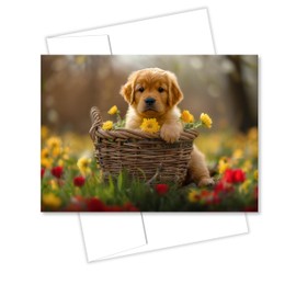Golden Retriever Puppy All Occasions Greeting Card - Dog with Flowers from Unique Dogs Party Delights Collection - Large 5x7 Inch - Blank Inside with White Envelope