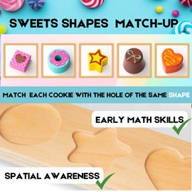 Wooden Candies and Lollypops Food Toy with Stand, Educational Toys for 2-7 Years Old Girls and Boys, Dessert Play Food Set for Toddlers, Sweets Pretend Play Kitchen, Color and Shape Recognition