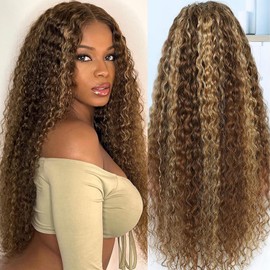 miear Highlight 13x6 Lace Front Wigs Human Hair 4/27 Ombre Deep Wave HD Transparent Lace Front Wig 180% Density Glueless Curly Lace Front Wig Human Hair with Baby Hair for Black Women 26 Inch