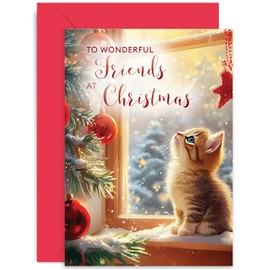 To Wonderful Friends at Christmas Card - Cat Themed Christmas Cards - Kitten Bauble Christmas Tree Design - Cute Sweet Festive Holidays Greeting Cards for Them