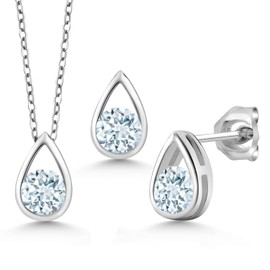 Gem Stone King 925 Sterling Silver 5MM Round Gemstone Birthstone Teardrop Pendant Earrings Set | Jewelry Set for Women | With 18 Inch Silver Chain