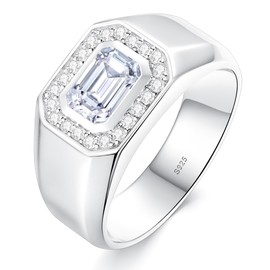 TWTWIO Moissanite Ring for Men 1.2CTTW D Color VVS1 Clarity Emerald Cut Vintage Engagement Ring S925 Sterling Silver with 18K White Gold Plated Genuine Moissanite Wedding Ring for Him Size 9.5