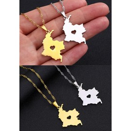 Hafrita Colombia Pendant Water Wave Chain Stainless Steel Country Map Colombia Necklace (60cm, With Heart-Silver Color)