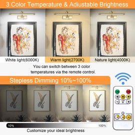 Tassuowell Wireless Picture Lights for Wall Rechargeable, Battery Operated Art Light for Paintings, 3CCT Dimmable, 15.7" Brass Finish with Remote, Rotatable Gallery Light for Pictures Display
