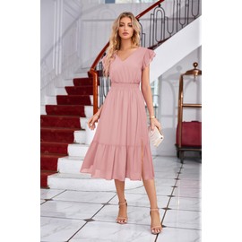 Women 2023 Summer Dress Midi Dress Gold Dots V Neck Ruffle Cap Sleeve Flowy Split Tiered A-Line Wedding Guest Dress Light Pink M