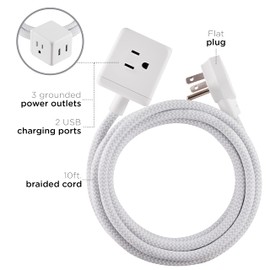 Cordinate Cube Extension Cord, 10Ft, 3-Outlet Flat Plug Extension Cord, Cube Extension Cord with Multiple Outlets, 3 Prong Cube Extension Cord, 2 USB Ports Braided Extension Cord, Gray/White, 55356