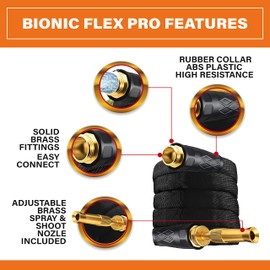 Bionic Flex PRO 50’ Garden Hose, Heavy Duty & Lightweight Weatherproof Garden Water Hose with Brass Fittings & Adjustable Brass Spraying & Shooting Nozzle, 500 PSI Tear Resistant, Kink Free Hose