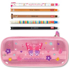 LEGAMI WonderWow Pencil Case & Erasable Pen | Set of 5 Cute Animal Pens with Thermosensitive Ink + 2-Compartment Pencil Case | Back to School Supplies for Girls, Boys, Kids# (Butterfly)