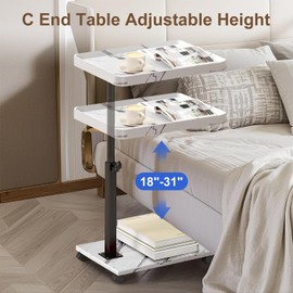 APYOAK C Table End Table, TV Tray Couch Tables with Wheels, 360° Swivel, Adjustable Height, Small C Shaped Side Table for Living Room, Bedroom, White