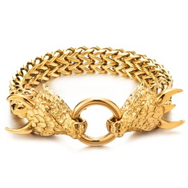COOLSTEELANDBEYOND Men Gold Steel Square Franco Chain Curb Chain Bracelet Dragon Head Scales Spiked Horn, Ring Clasp