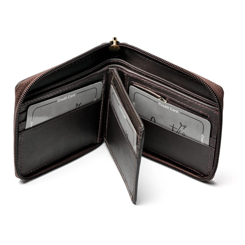 Mens Zip Around Genuine Leather Wallet RFID Blocking Black Brown