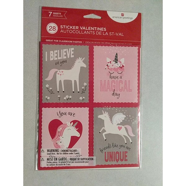 American Greetings 28 Sticker Valentines Unicorn Themed ~ Great for