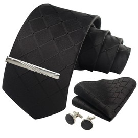 CWKOON Black Plaid Mens Tie Formal Necktie Pocket Squares Ties Clips Cufflinks Classic for Men Set