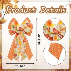 Threetols Large Fall Bow for Wreath, Orange Buffalo Plaid Wreath Bows Maple Leaf Bow for Front Door, Autumn Farmhouse Ornament Tree Topper Bows for Thanksgiving Indoor Outdoor Decoration