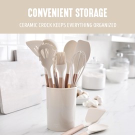 GreenLife 11 Piece Silicone Utensil Crock Set, PFAS-Free & BPA-Free Nonstick Kitchen Tools, Ladle, Turner, Slotted Turner, Spatula, Spoon, Spaghetti Server, Brush, Whisk, Tongs, Crock, Cream White