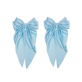 2Pcs Light Blue Jumbo Silky Satin Bow Clip Hair Barrettes with Long Tails - Large French Metal Bowknot Hairpins for Girls