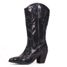 Hawkwell Women's Sequin Mid Calf Western Cowboy Boots Wide Calf High Fashion Tall Zipper Pointed Toe Embroidered Cowgirl Boots,Black,7.5 M US