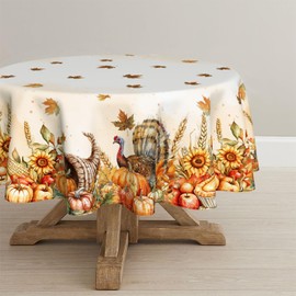 Horaldaily Fall Thanksgiving Tablecloth 70×70 Inch Round, Turkey & Pumpkin Maple Leaf Harvest Table Cloth, Washable Table Cover for Dinner Kitchen Party Holiday Decorations