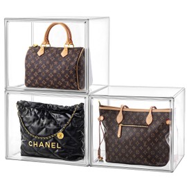 HBlife 3 Pack Purse Storage Organizer for Closet, X-Large Clear Stackable Handbag Display Case Box with Magnetic Door for Collectibles, Cosmetics, Women Heels and Toys