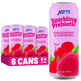 Jans Sparkling Prebiotic Soda Beverage — Dragonfruit & Raspberry 8.4 Fl Oz (6-Pack) – Low Calorie, NO Added Sugar, Non-GMO Sparkling Fruit Beverage, Gut Health Support