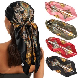 WELROG 4 Pcs square headscarf for women - 90×90cm large bandana for women silk scarf hair hair towel for women to tie scarf for women